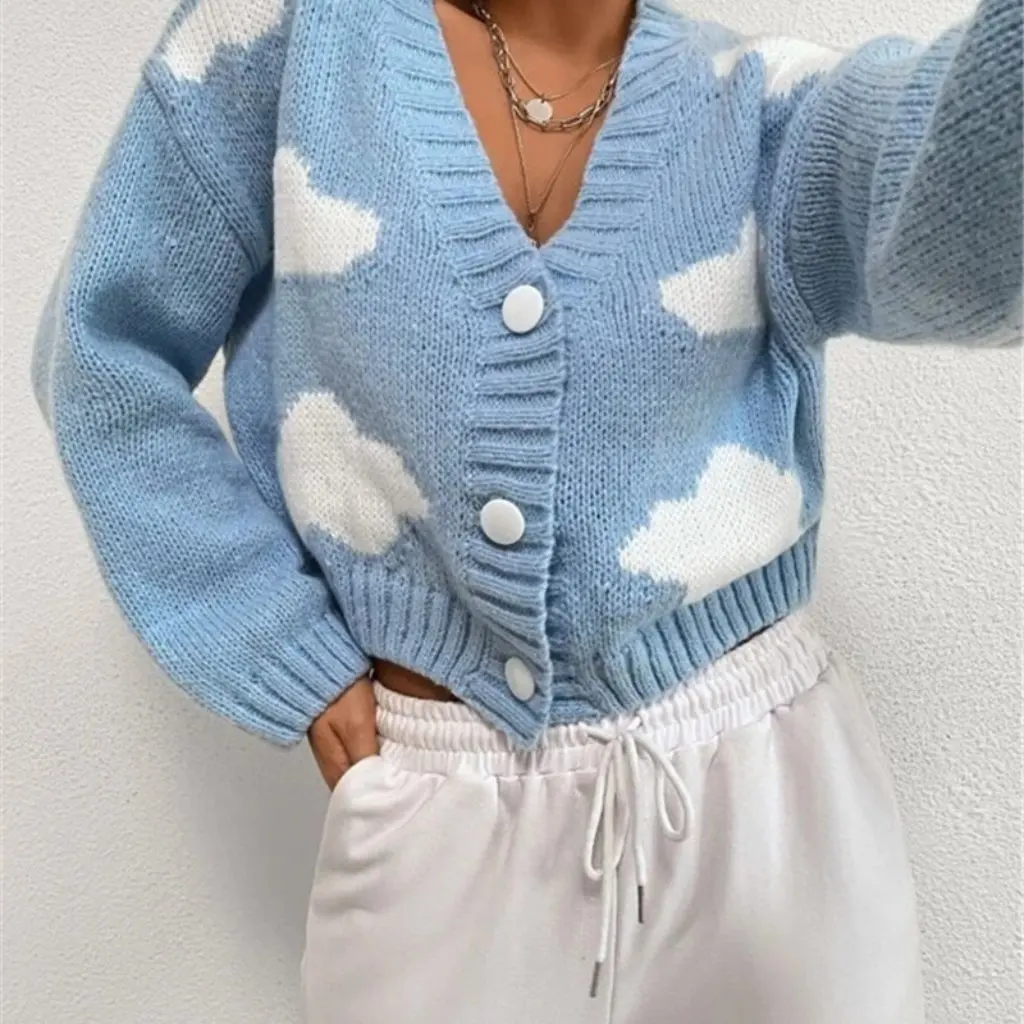 

Women's Loose V-Neck Cloud Drop-Shoulder Knitted Cardigan European American Style Autumn Sweater Three-Button Short Coat