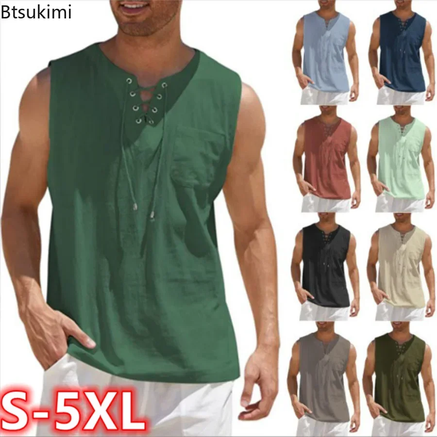 

New 2025 Men's Casual Cotton Linen Tank Tops Men Drawstring V Neck Sleeveless Shirts Summer Casual Shirt Gym Fitness Vest Tops