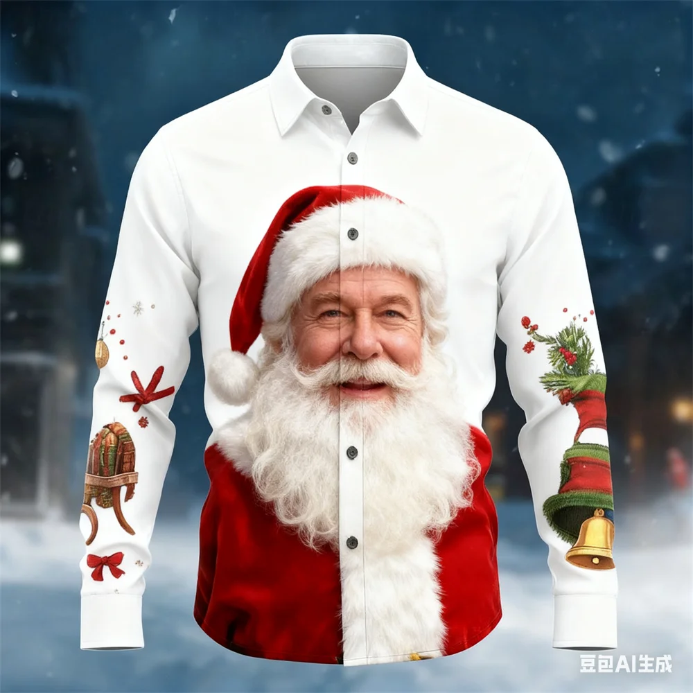 

Рождественская мужская рубашка с длинными рукавами, рубашки с принтом Санта-Клауса для мужчин, осенне-зимние мужские осенние модные рождественские рубашки 2025 года