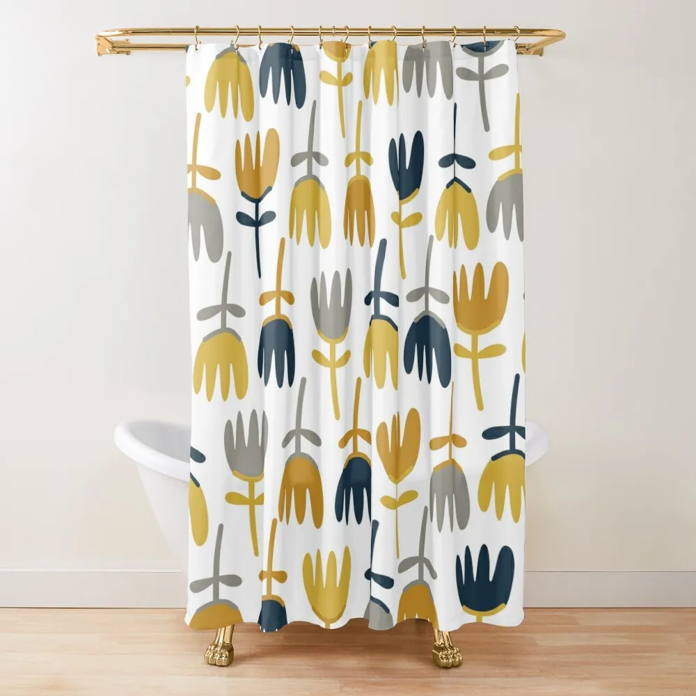 

Tulips - Cheerful Scandinavian Floral Pattern in Light and Dark Mustard, Navy Blue, Grey, and White Shower Curtain
