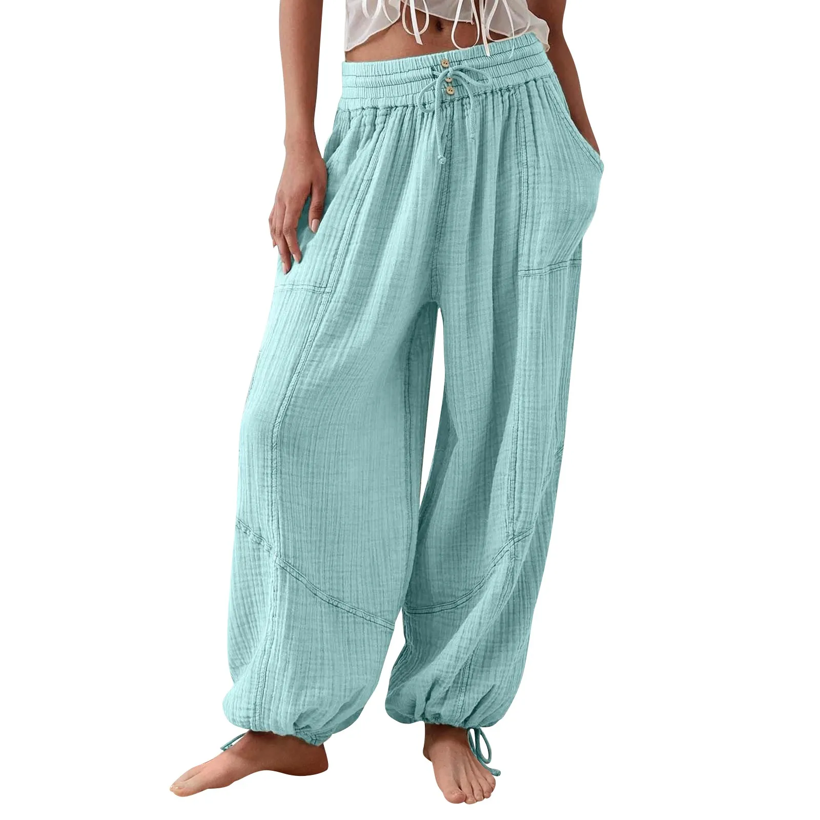 Loose Lantern Pants Women'S Solid Color Drawstring Wide Leg Pants Elastic Waistband Casual Pants Oversized Sports Pants For Wome