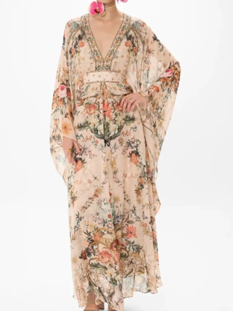 

Women Flower Printed Robe Beaded Batwing Sleeve V-Neck Holiday Silk Maxi Dress