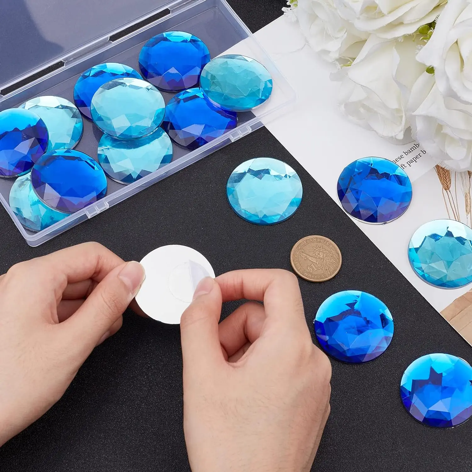 16Pcs 40mm Flat Back Round Acrylic Rhinestone Self-Adhesive with Container Light & Dark Blue Cosplay Costume Gems Acrylic Jewels