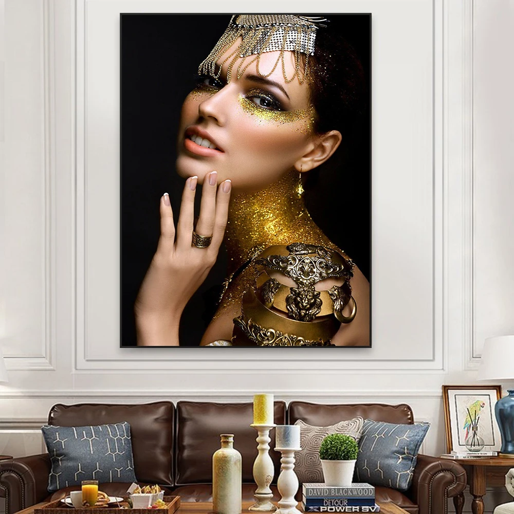 Golden Flower Head Woman Poster Nordic Art Prints Beatiful Woman Print Fashion Lady Canvas Painting Living Room Decoration