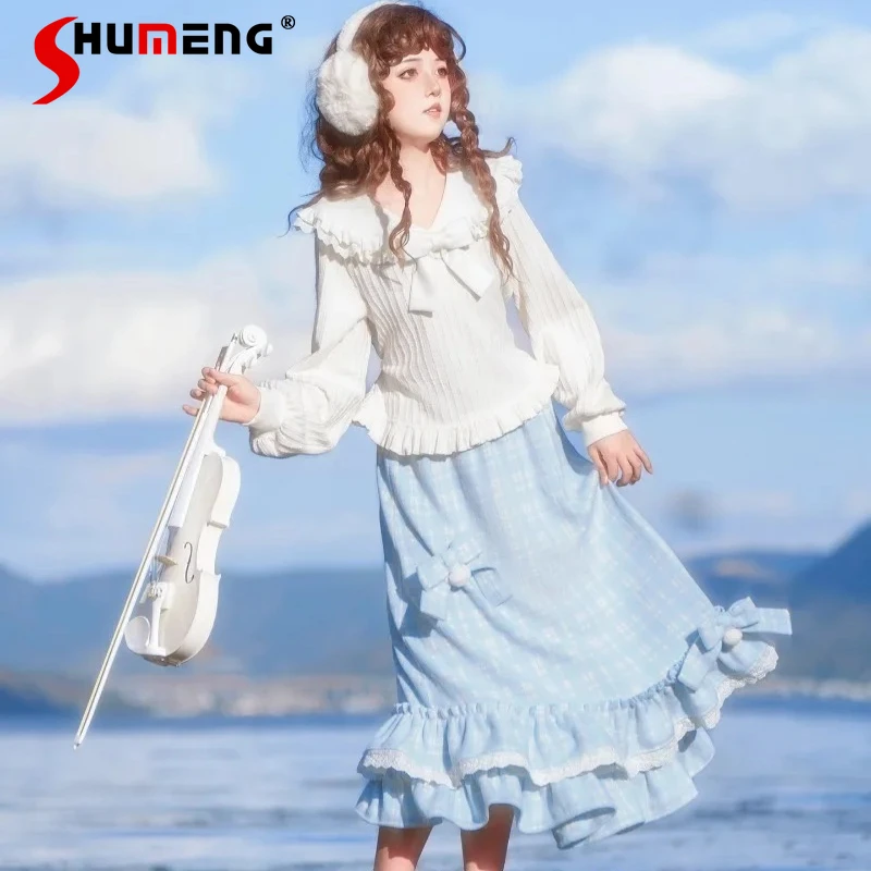 

Apricot Lace Doll Collar Bowknot Design Knitted Sweater Coat New Autumn Winter Lantern Sleeves Knitwear Top Pullover For Ladies