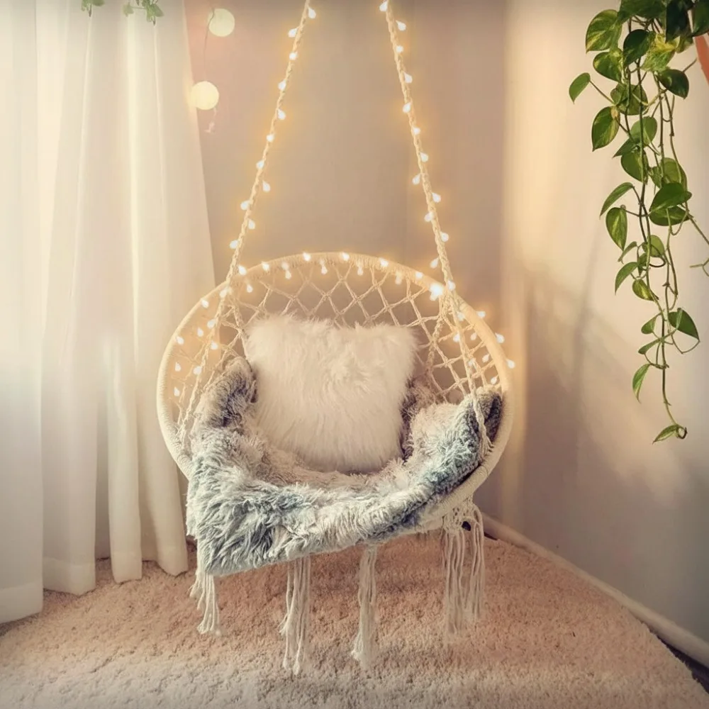 

Подвесной стул макраме со светодиодной подсветкой — качели из хлопчатобумажной веревки емкостью 550 фунтов для спальни, патио, сада