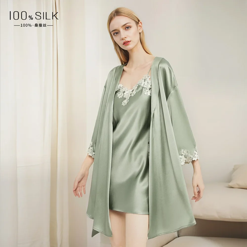 19MM Mulberry Silk Sling Nightdress Lace Trim Kimono Robe Mini Chic Nightgown V Neck Women's Robes Lingerie Sleepwear Mini Dress