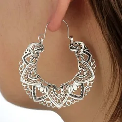 Vintage Antique Silver Color Carving Drop Earrings for Women Ethnic Piercing Hoop Earrings Party Jewelry 2023 New Trend Gifts