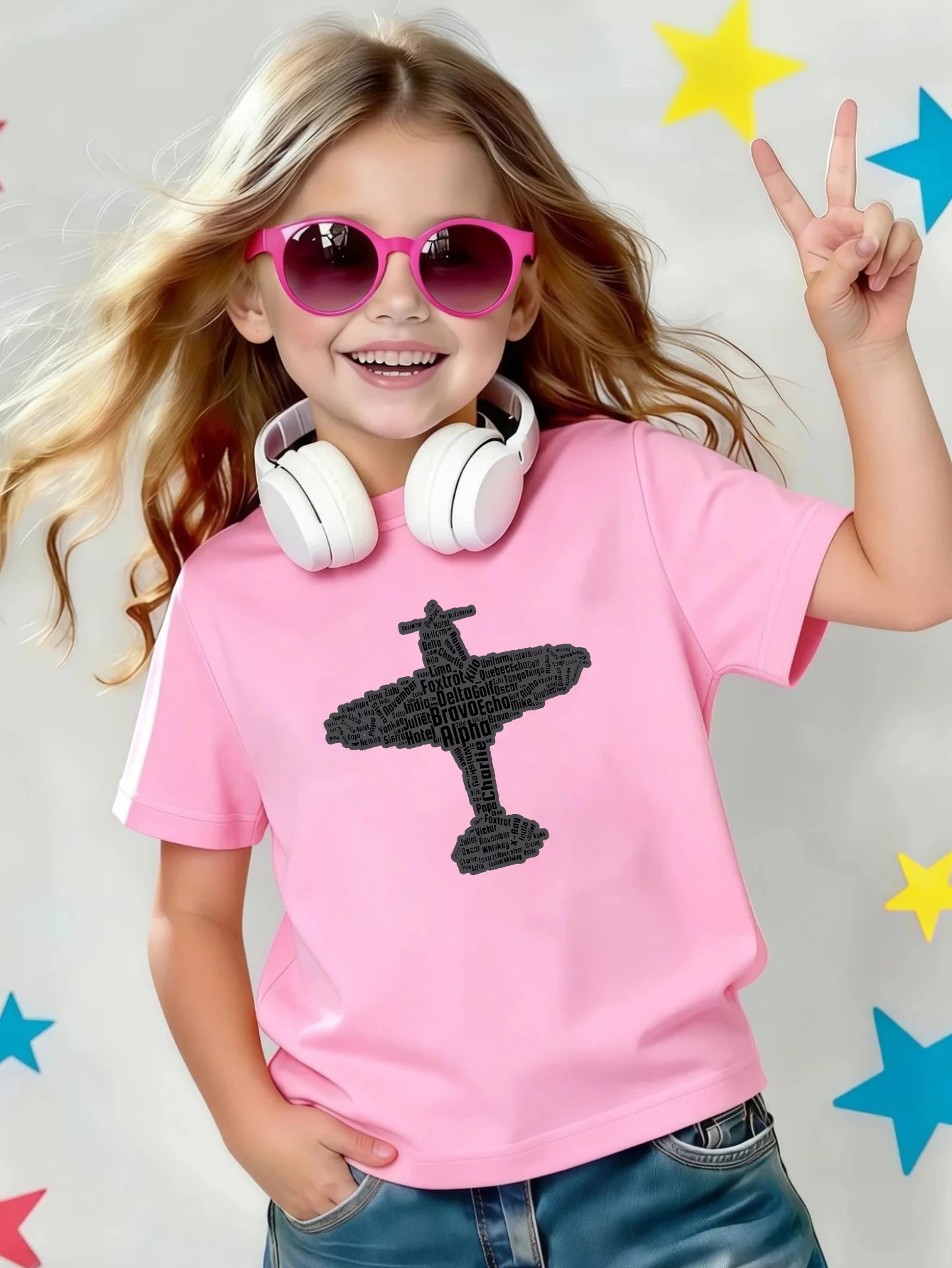 Word Art Airplane Shape Print Kids Tee Boys Girls Family Match Cotton Crew Neck Short Sleeve Soft Summer Casual Kid Wear