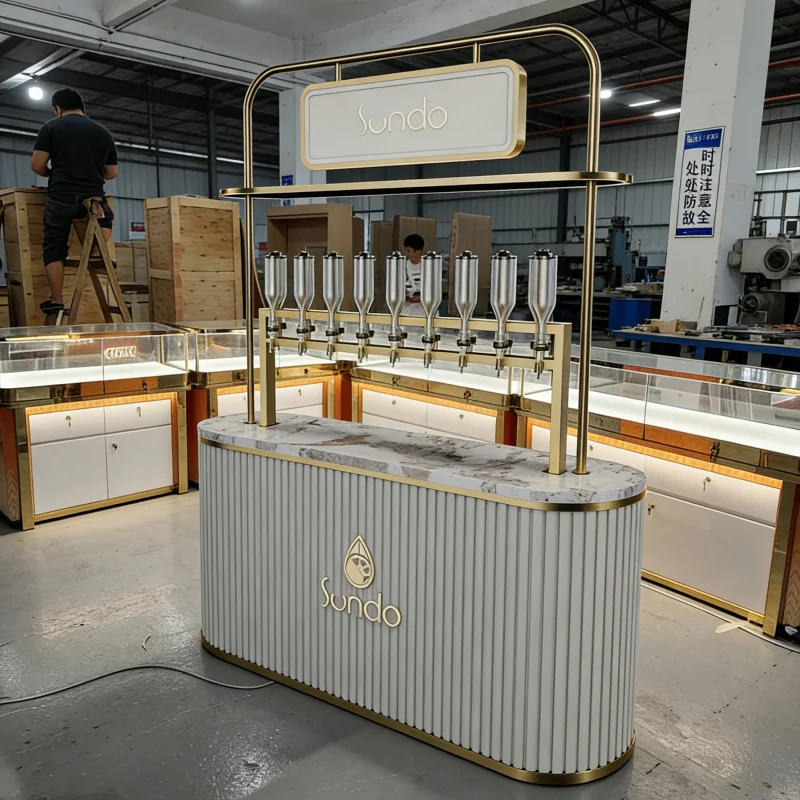 custom.Customized Detachable Perfume Display Cabinet Display Shelves Mobile Perfume Bar Perfume Kiosk Design Retail Shop Int