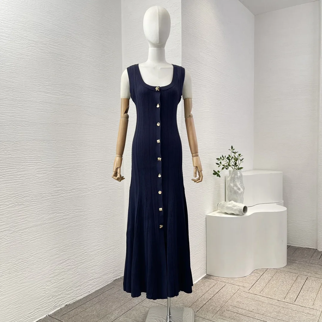 2024 New Navy Blue Sleeveless Knit Maxi Dress Front Buttons Closure