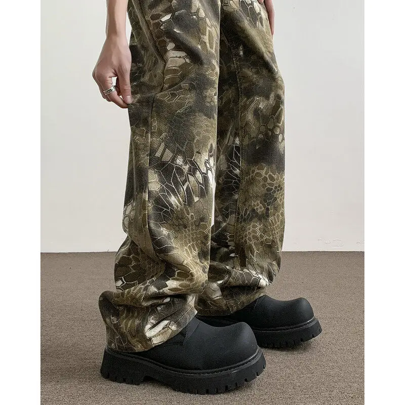 

Мужские джинсы в стиле ретро-американский стрит, широкие, с принтом под змеиную кожу, повседневные, прямого кроя, свободного покроя