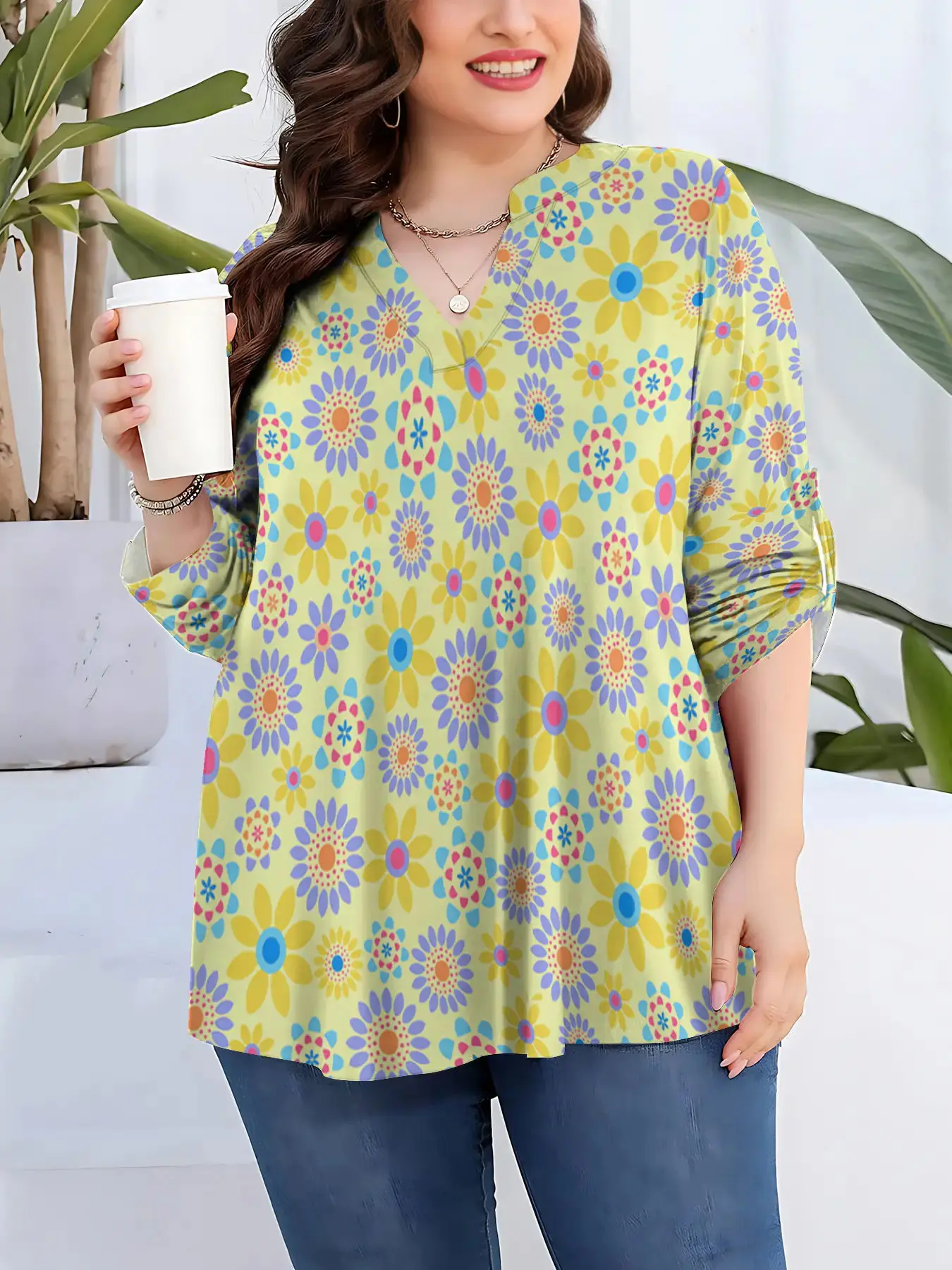 Plus Size Women T-shirts Daisy Floral Printed Tops Spring V-neck Long Sleeve Shirts Oversized Casual Clothing Streetwear