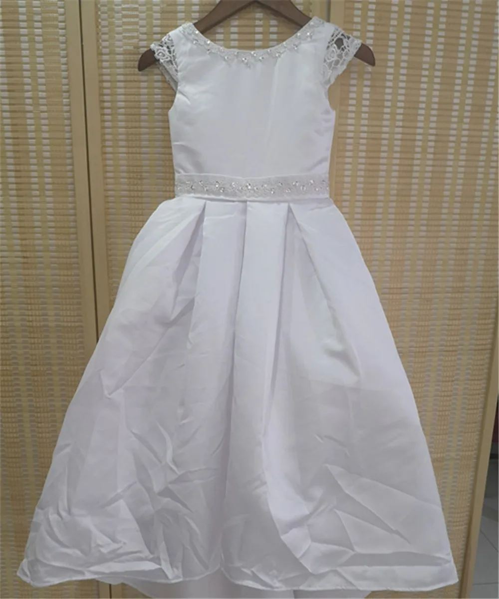 

Elegant Ivory Satin First Communion Gowns Flower Girl Dress Short sleeves With Bow Little Princess Birthday Evening Ball Dresses