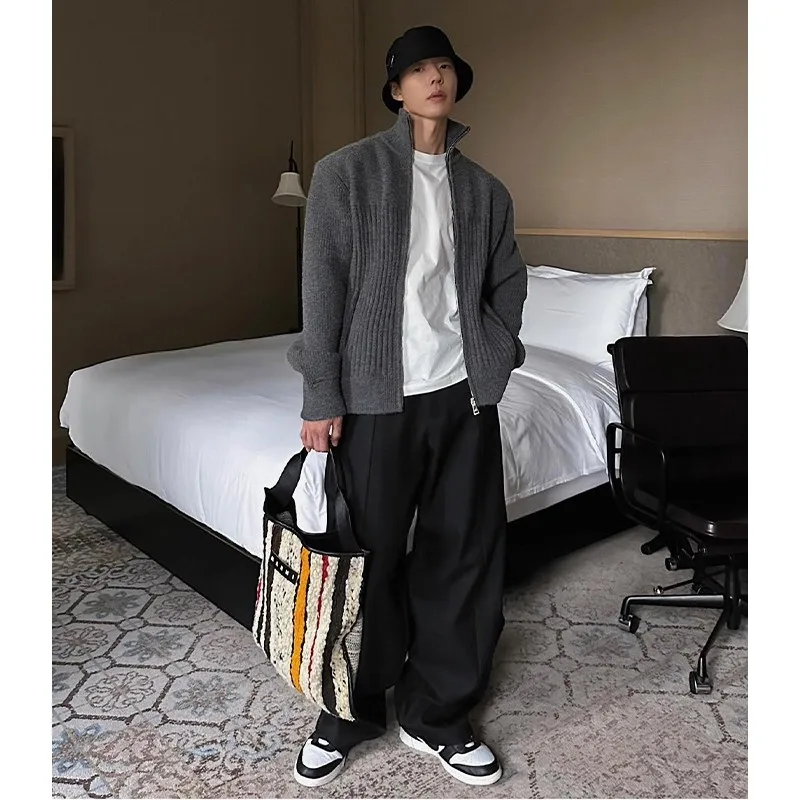 

Deep ey High Collar ort Open Cardigan Sweater Men's Sle Autumn High End Feeling Old Money American Retro Knitted Jaet