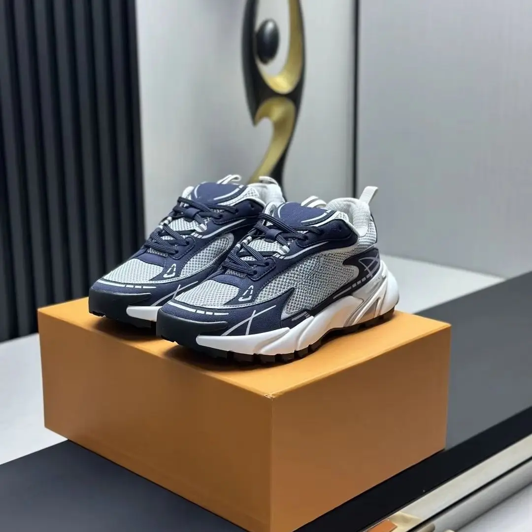 Unisex Navy Grey Mesh Chunky Sneakers Lace Up Thick Sole Casual Running Trainers for Men Women