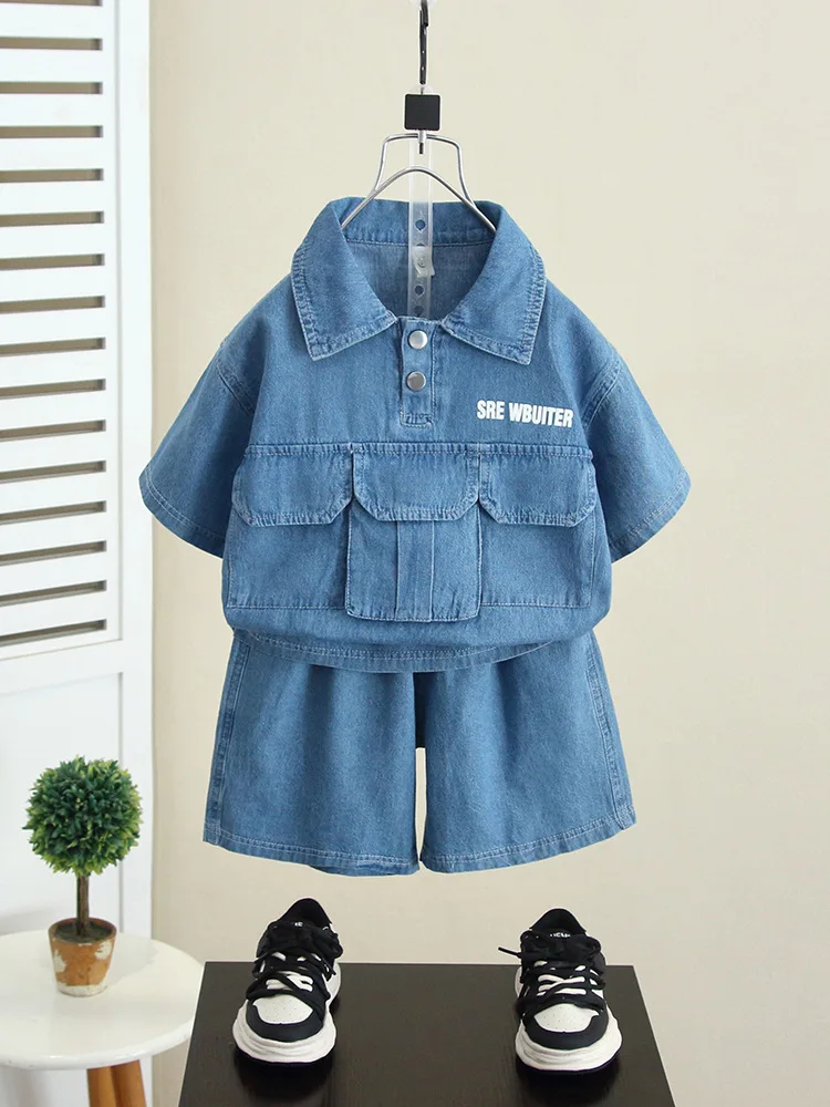 

2024 New Kids Short Sleeve Suit Classic Denim Blue Girls Boys Set Summer Denim Tops + Short 2PCS Outfit Children's Wear 90-150