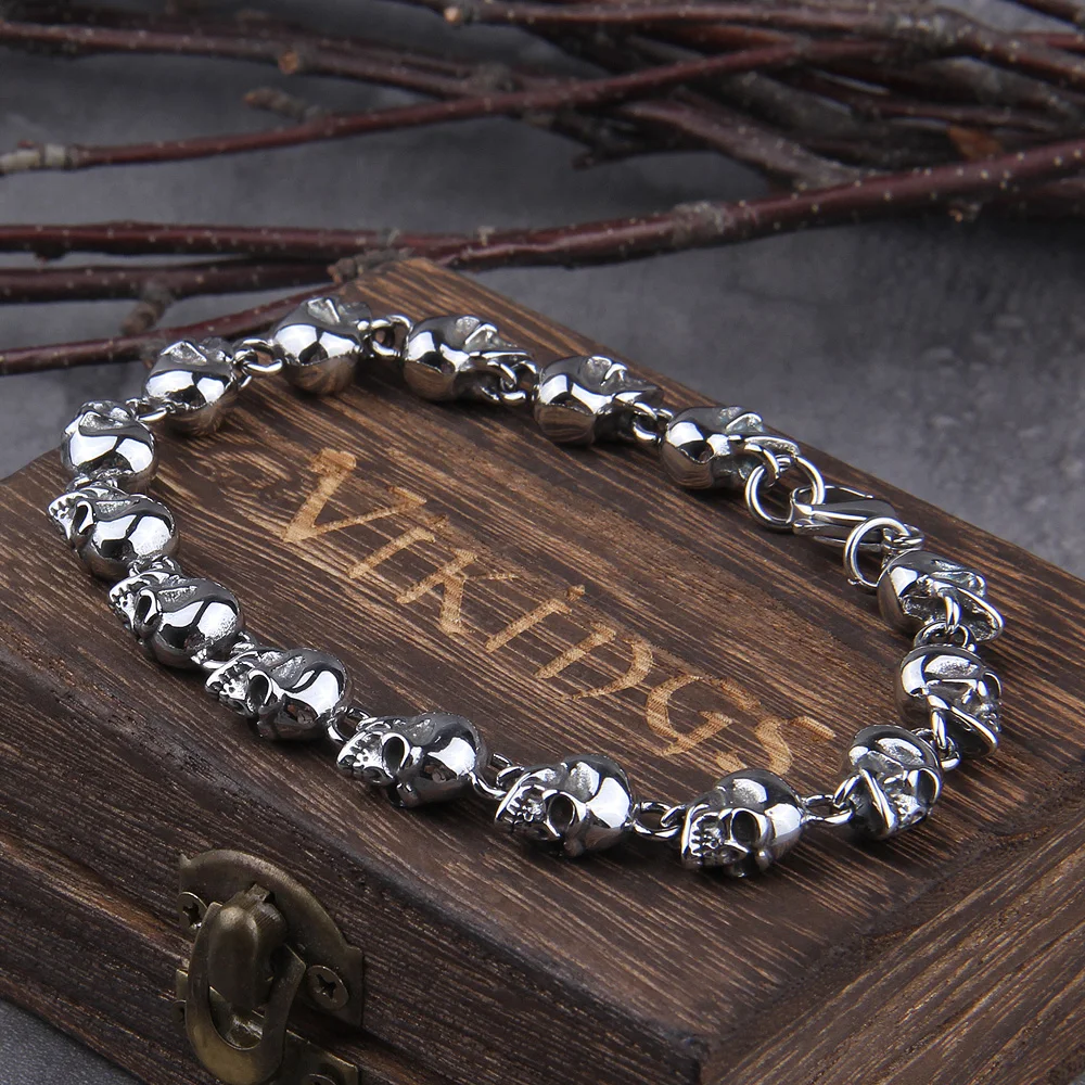 Pulseira Vintage de Aço Inoxidável com Elos de Caveira, Pulseira Gótica Punk com Pingente de Caveira para Homens, Acessório de Hip Hop Streetwear, Presente