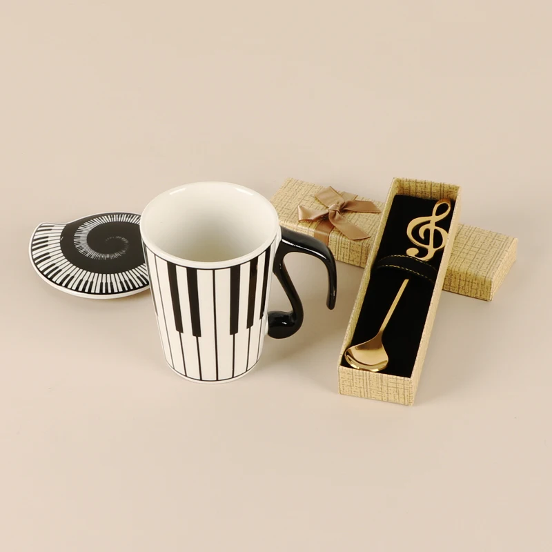 Ceramic Note Cup with Cover, Cartoon Coffee Mugs, Household Creative, Music Score, Piano Keyboard, Couple, Office Gift