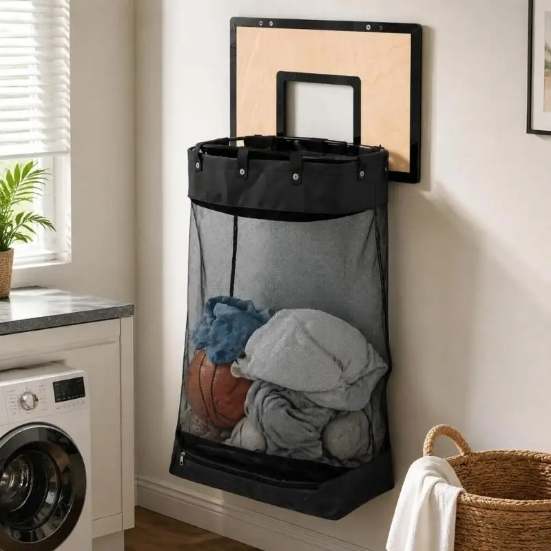 Basketball-Themed Laundry Hamper with Rear Panel, Steel Frame, Removable Polyester Bag, and Lower Opening for 37JD