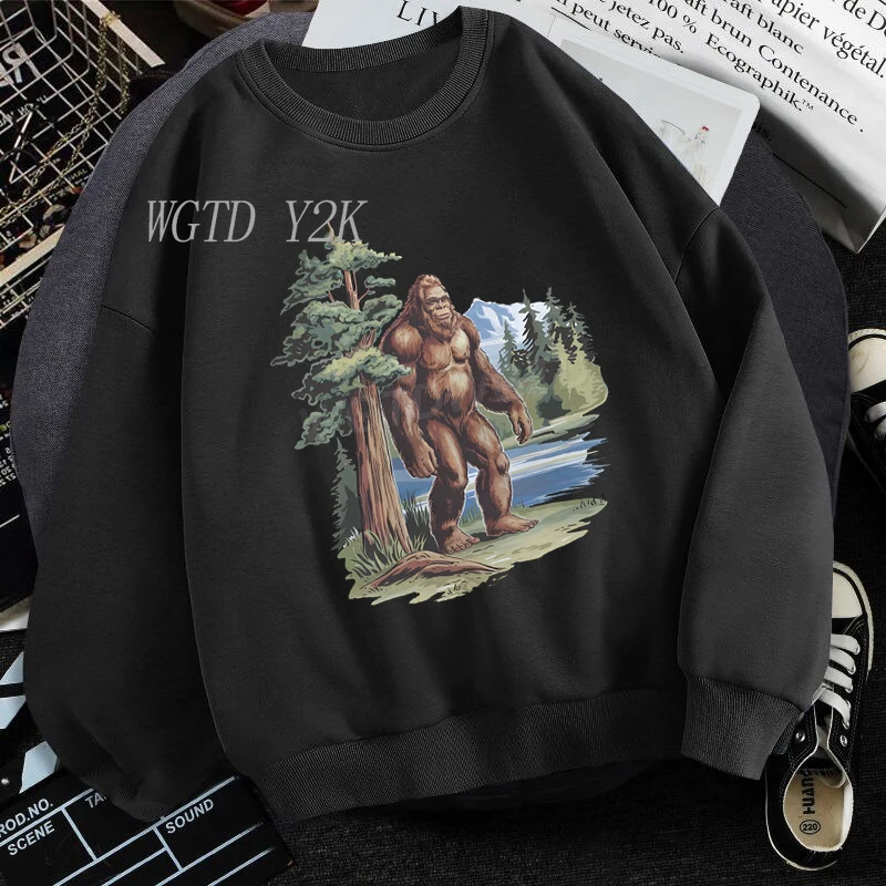 Retro Bigfoot in The Redwoods 90s Sasquatch Cryptozoology Cryptid Outfit Boho Unisex Crewneck Fashion Casual Sportwear Tops