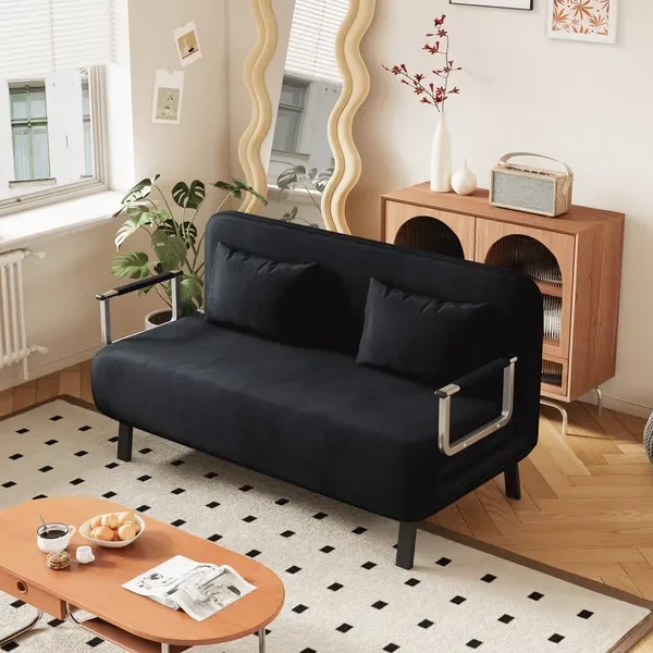 

55' Velvet Black Convertible Chair Bed, Tri-Fold Sofa with Adjustable Backrest, Steel Frame
