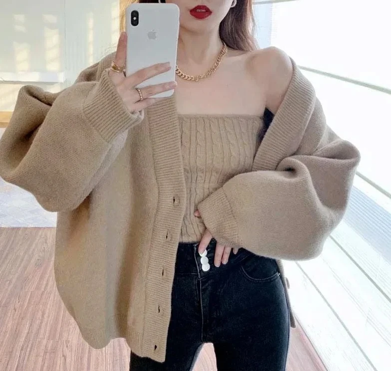 

Autumn Winter Soft Cozy Milk Series Women's Knitted Sweater Jacket V-neck Casual Two-piece Set Wrap-around Design