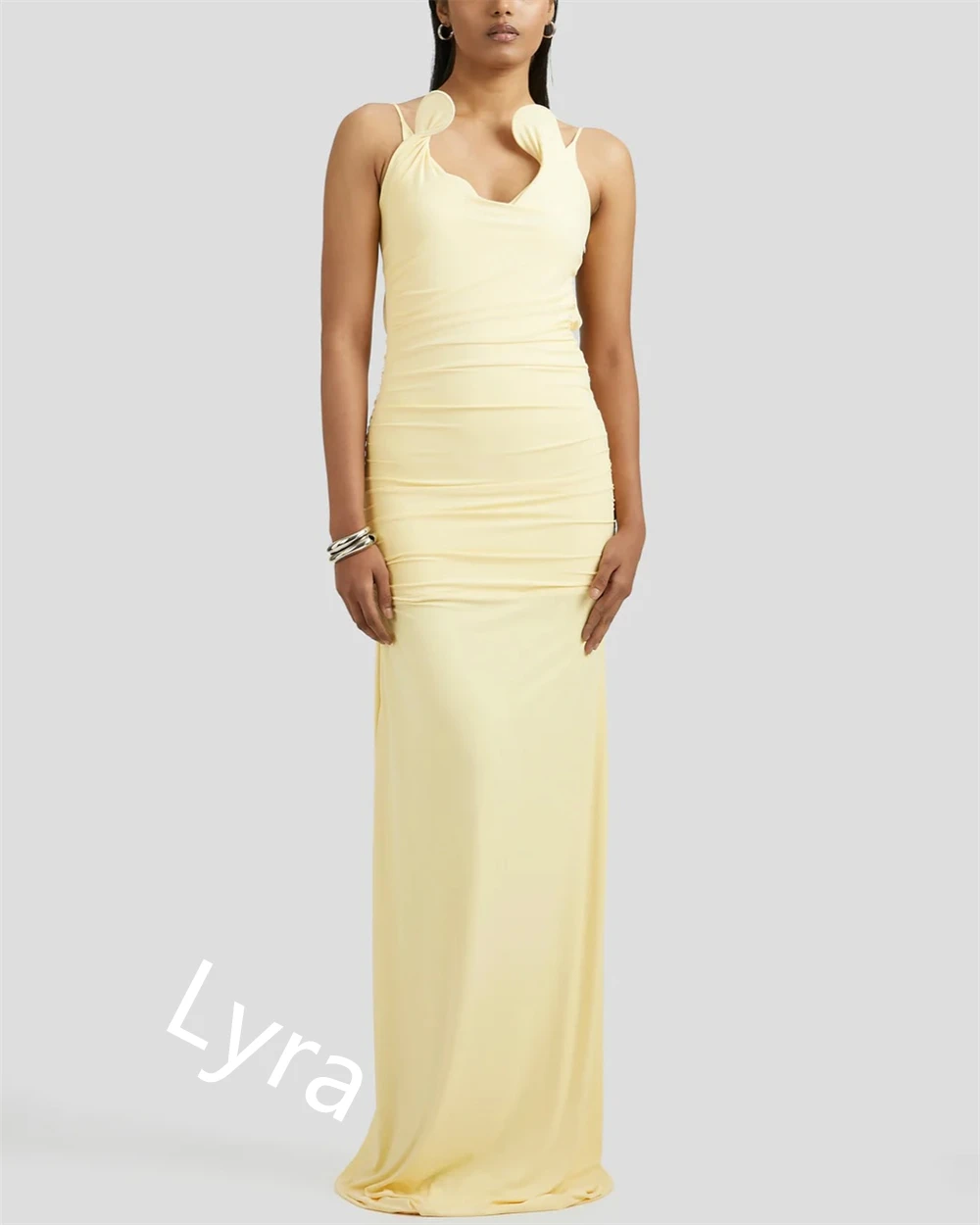 Vestido de noche elegante personalizado de Jersey amarillo, cuello cuadrado, tirantes finos, vestido de fiesta sin mangas, vestidos para ocasiones especiales