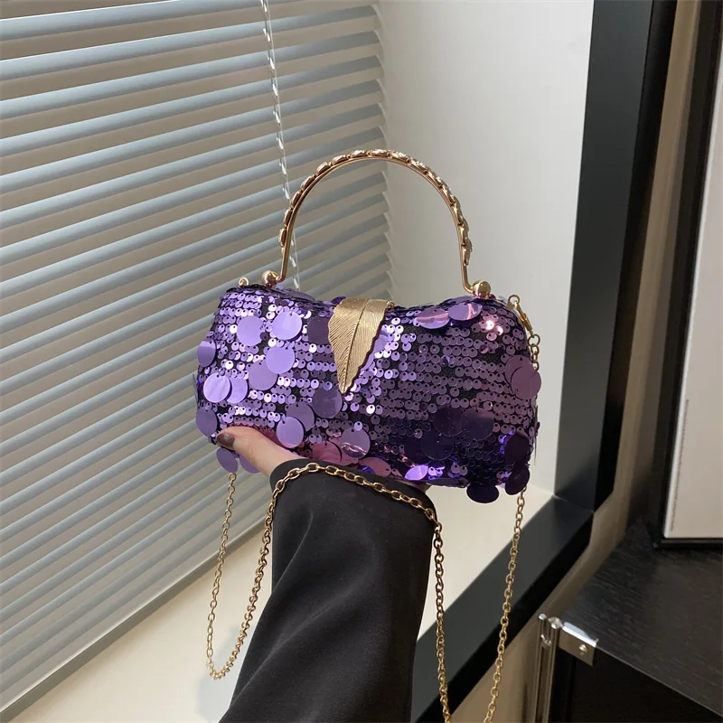 Trendy New Gold Silver Purple Sequin Evening Bag For Women Chain Shoulder Bag Crossbody Fashion Metal Handle Handbag Clutches