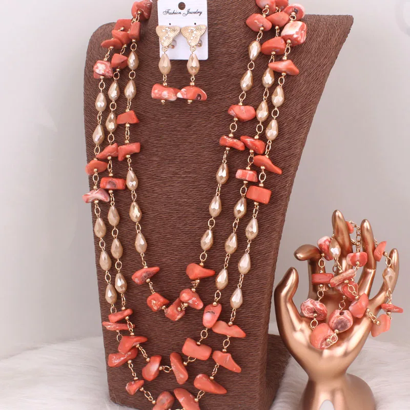 Dudo African Jewellery Sets for Women 2023 Nature Coral +Crystal Beads Long Design