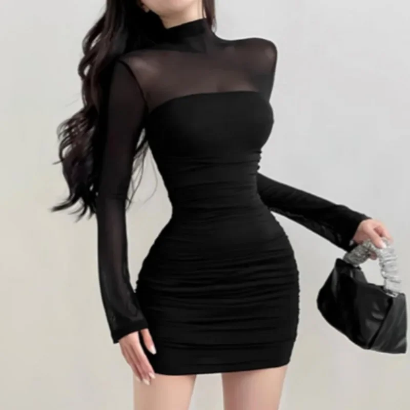Halbhohen Kragen Mesh Splice Langarm Transparent Sexy Mädchen Kleid Sommer Neue Stil Pure Desire Kurzen Rock frauen kleidung