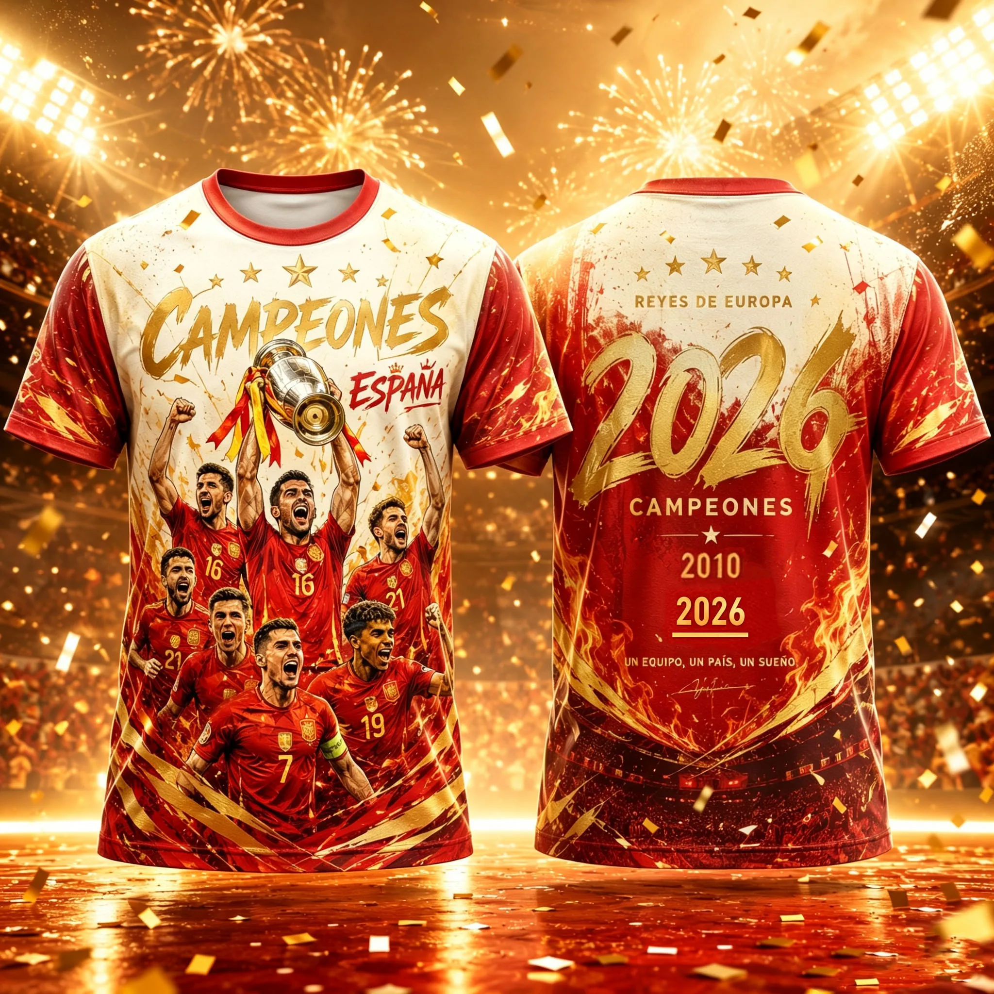 T-shirt graphique de football Espagne Campeones 2026 – Tee-shirt à manches courtes pour fans, commémoratif, décontracté, pour hommes et femmes, 2010-2026 Champion