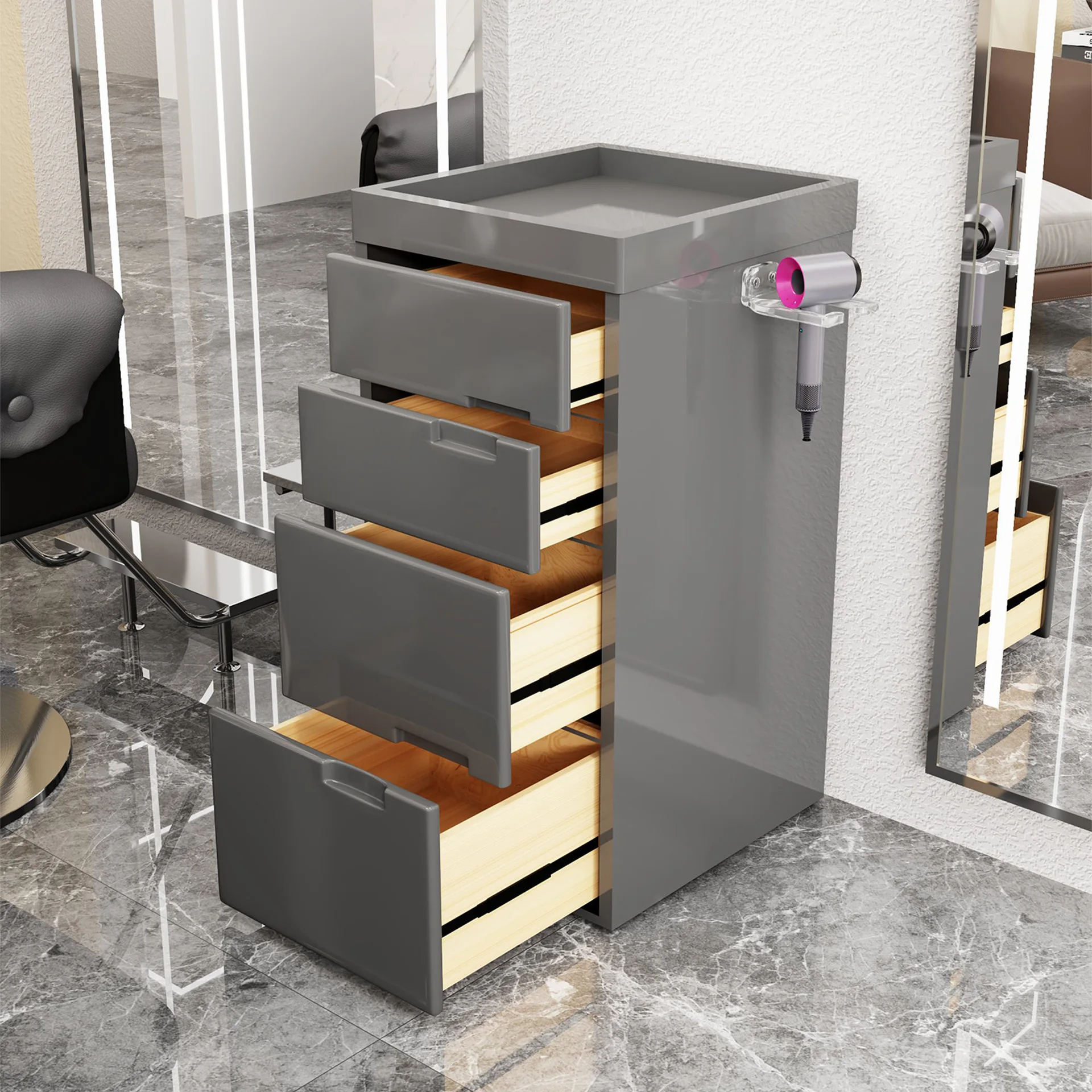 High End Modern Simple Gray Black Wooden Salon Tool Cart Luxury 4 Tier Beauty Hair Salon Trolley Cart with Drawers