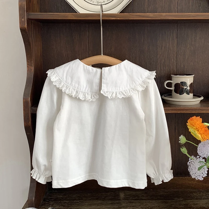 2024 Baby Girls White Blouse Spring Autumn Lace Girls Shirt Embroider Tops Toddler Kids Clothing 1-5Yrs Infant Girls Blouses