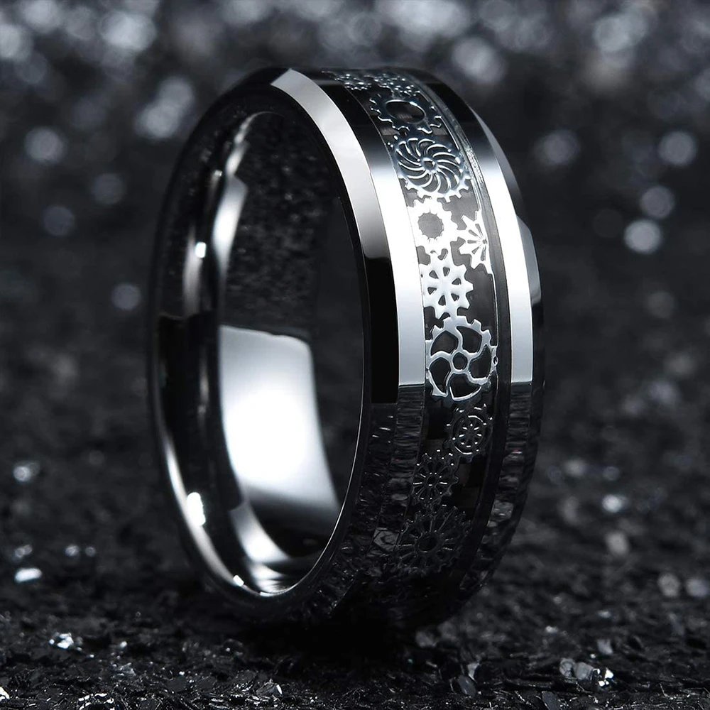 Steampunk Vintage Silver Color Gear Wheel Stainless Steel Men Ring Celtic Dragon Black Carbon Fiber Inlay Ring Mens Wedding Band