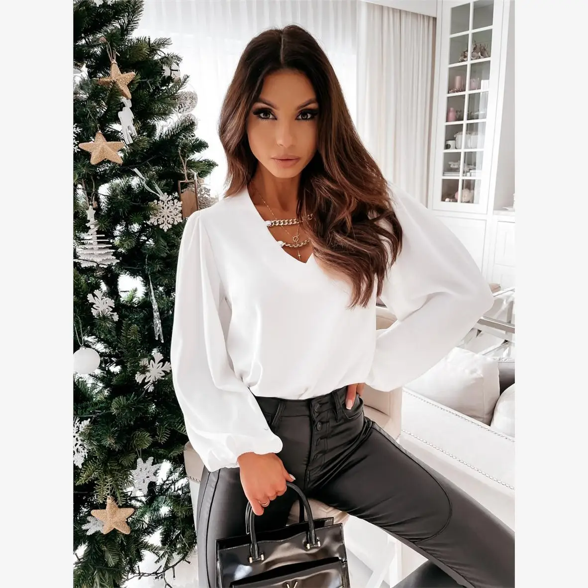 Faionable v-ne irt col femme décoration haute qualité trajet Sle coupe droite longue Sve couleur Pure équipage Ne