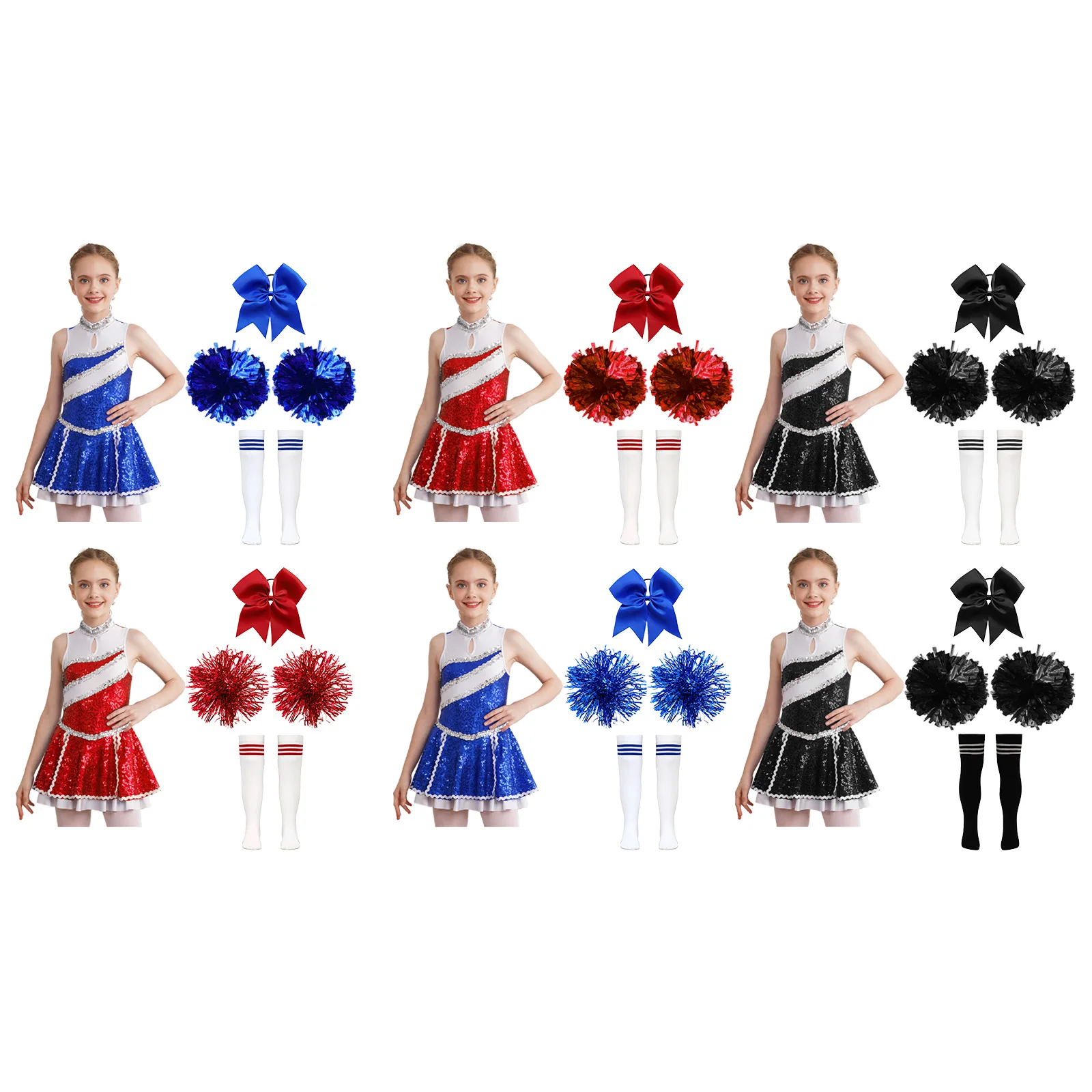 Kids Girls Cheerleading Dance Performance Costume Shiny Sequins Dress with 1Pc Bowknot Headwear 2Pcs Hand Flowers Striped Socks