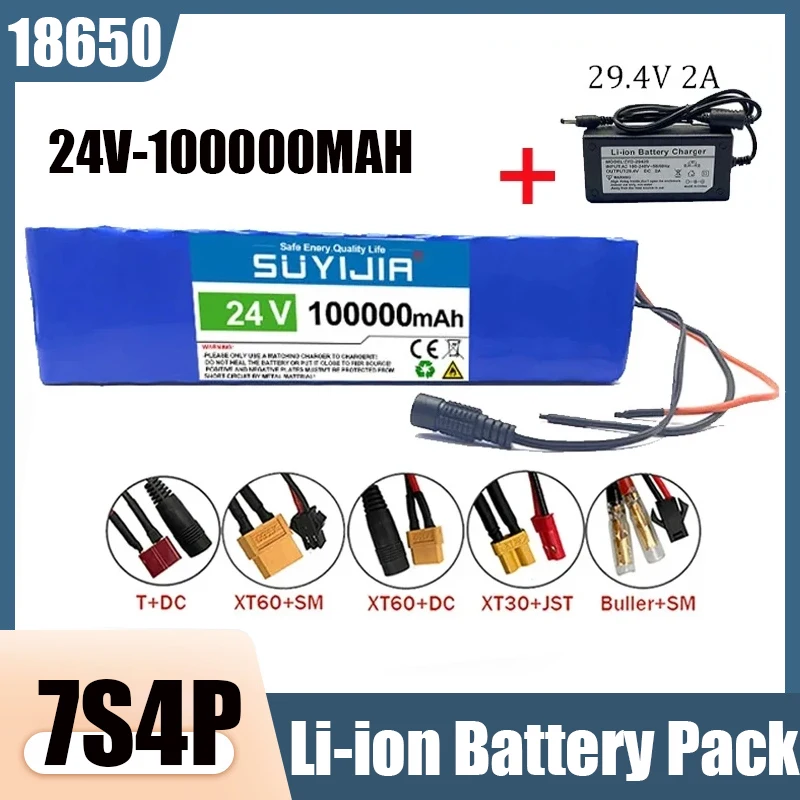 100000mAh 24V Battery Pack 7S4P 18650 Rechargeable Li-Ion Battery with BMS for Electric Bike Scooter Balance Bike Wheelchair