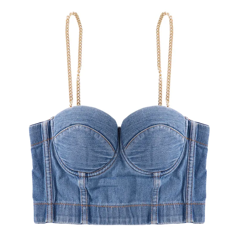 Sexy Denim Underwire Bra Gold Chains Shoulder Straps Tube Top Hip-Hop for Outer Wear Bras for Women Underwear Ropa Mujer