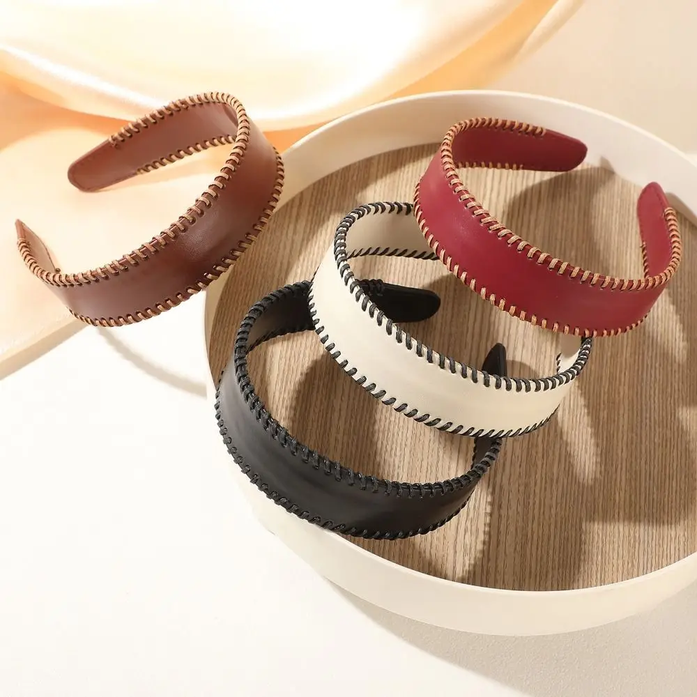 

Temperament Solid Color Leather Headband Korean Style Headwear Women Hair Hoop Coffee Non-Slip Wide Edge Hairband Women