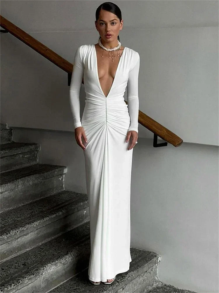 

Tossy White V-Neck Sexy Maxi Dress Female Pleated High Waist Patchwork Slim Long Sleeve Solid Dress For Women Maxi Dress Gown