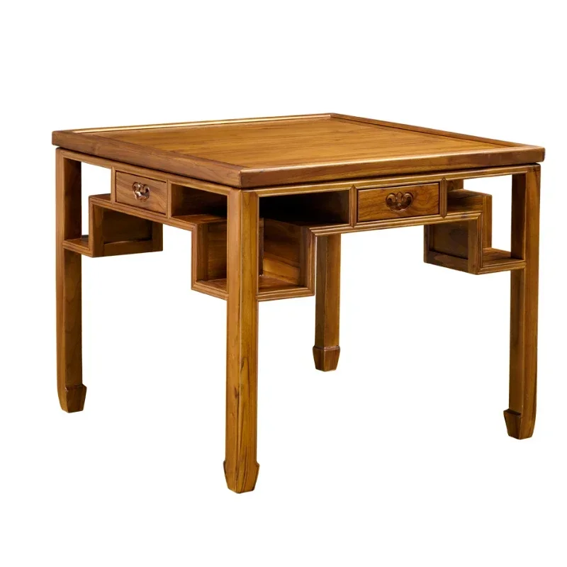 Practical Teak Mahjong Table with Built-In Drink Holders, Drawers and 4 Legs for Restaurant, Dining Room and Living Room