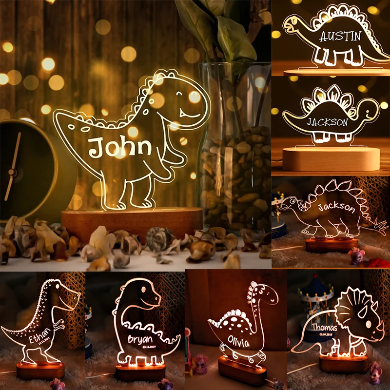 Custom Name Dinosaur/Turtle LED USB Night Light Personalized Cartoon Acrylic Lamp for Baby Boys Kids Children Home Decoration