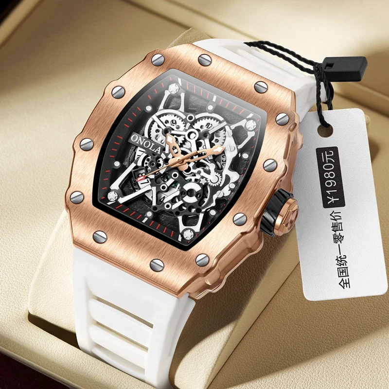 2025 ขายร้อน Rose นาฬิกาผู้ชายแฟชั่นแบรนด์ ONOLA กีฬา Casual สายยางนาฬิกาควอตซ์ Auto วันที่ AAA Tonneau นาฬิกาข้อมือ Man