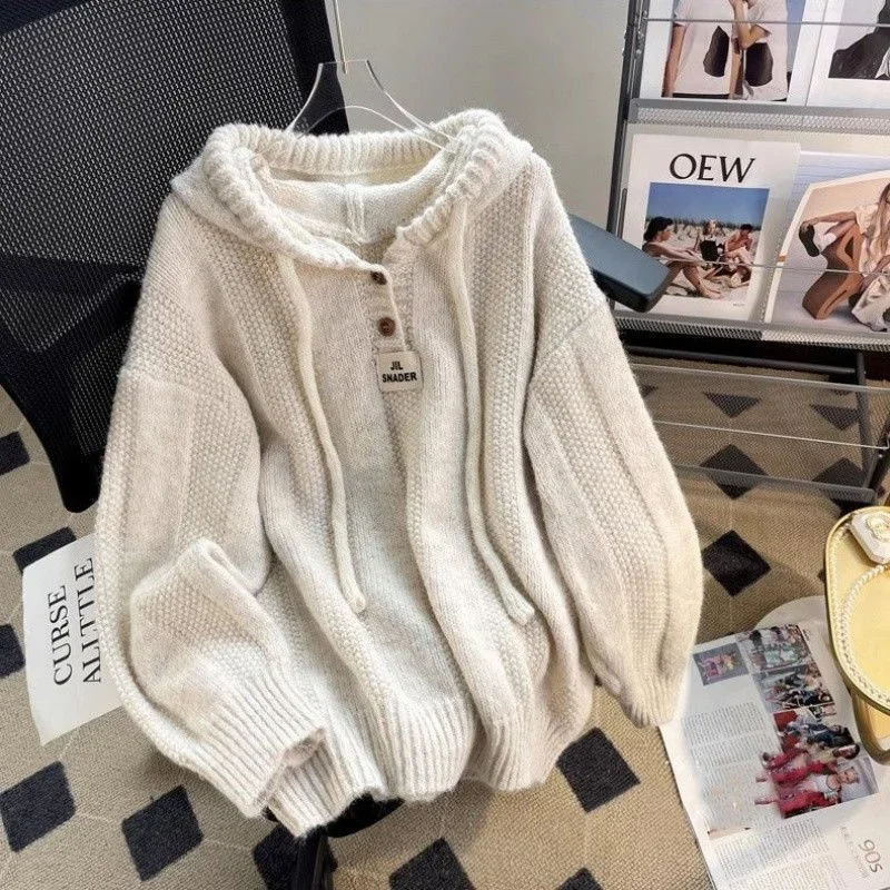 Pop Coffee Color Hooded Sweater With Autumn And Winter Korean Loose And Lazy Style Soft And Thick Drawstring Knit Hoodie