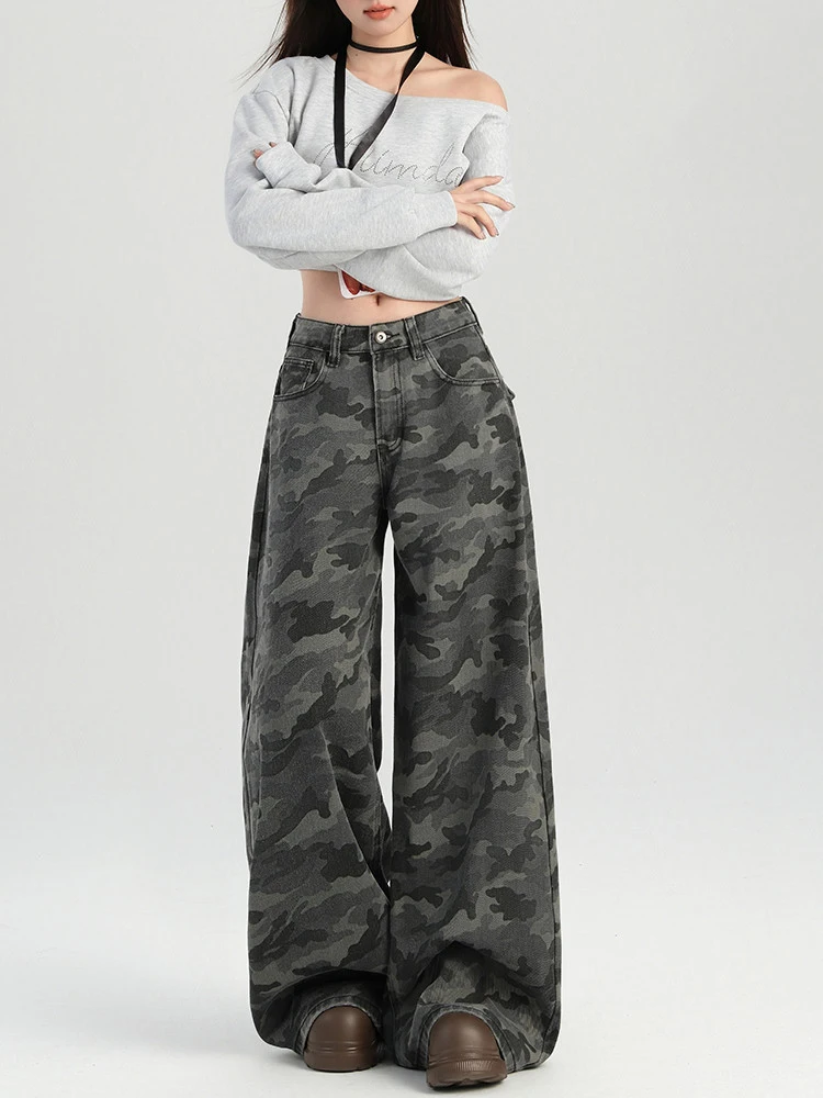 

High Waist Baggy Casual Jeans for Womens Vintage Y2K Camouflage Straight Pants Street American Wide Leg Denim Trouser