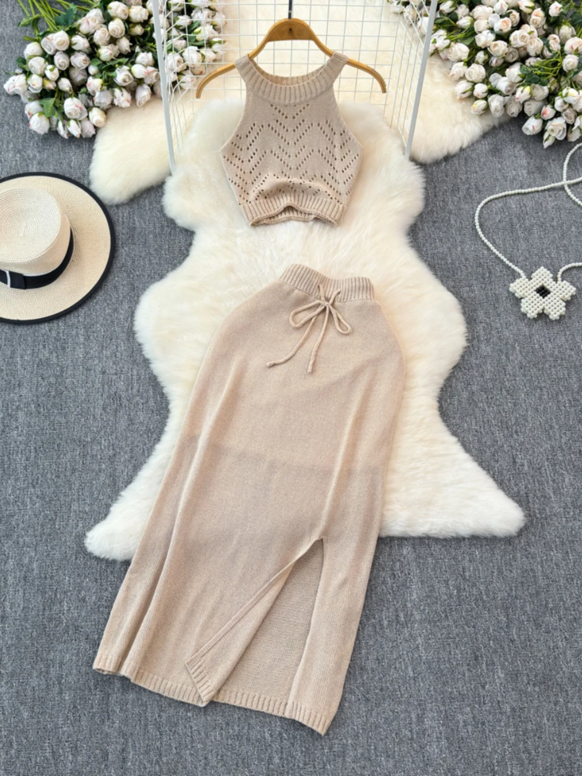 Sexy ort Knitted f-length Split Skirt And Tube Top Two-piece Set for Young Women Trendy Ensemble Hollow out Design