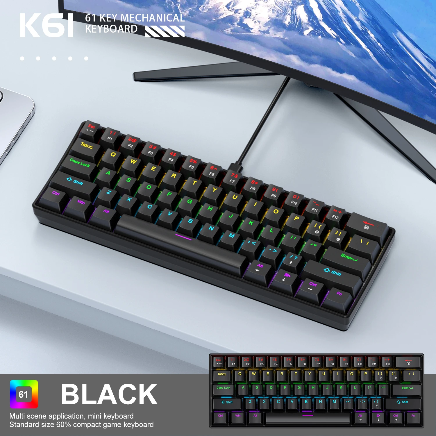 Minitoetsenbord APAYADO K61 Mechanisch toetsenbord Bedraad, 60% draagbaar 61 toetsen RGB Zwart, Wit, Rood/Blauw Schakelaar voor gaming