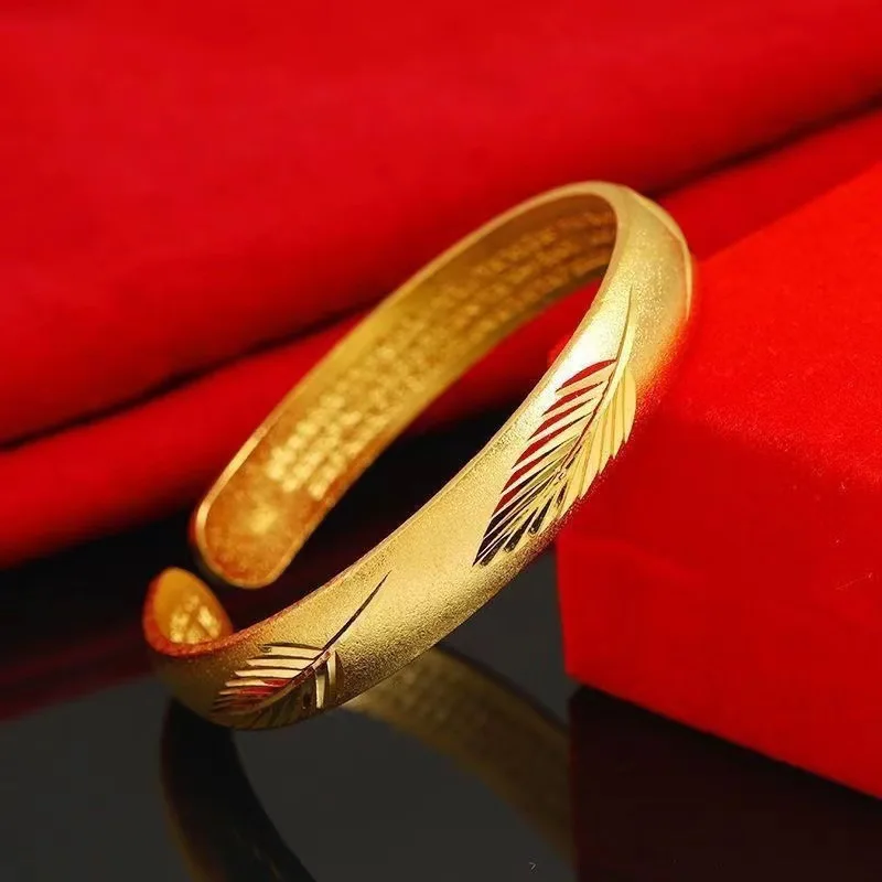 24k Gold 9999 Traditional Heart Sutra Bracelet For Women, Open-Ended Beaded Feather And Hundred Blessings Gold Bangle