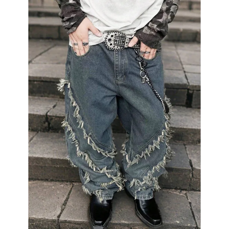 

American Hem Jeans Women's Fashion Trousers Frayed Denim Pants Cross-Border High Waist Straight Leg Spring 2026